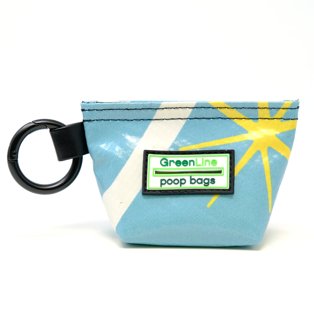 Front view of a GreenLine Banner Bag, which is a poop bag pouch made of upcycled festival banners.