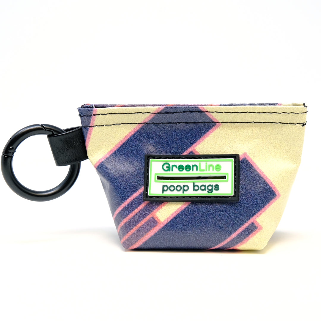 Front view of a GreenLine Banner Bag, which is a poop bag pouch made of upcycled festival banners.