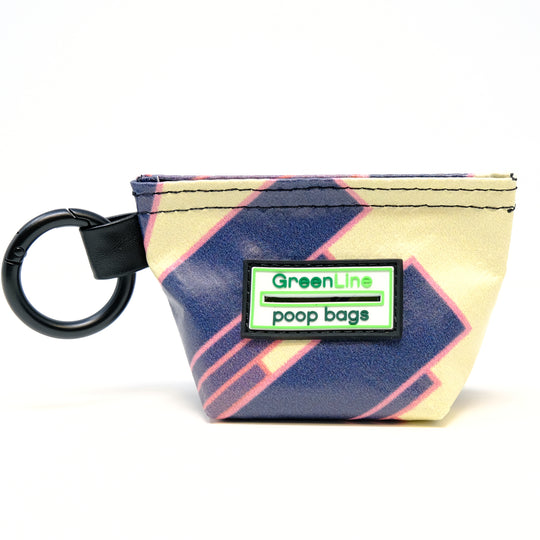 Front view of a GreenLine Banner Bag, which is a poop bag pouch made of upcycled festival banners.