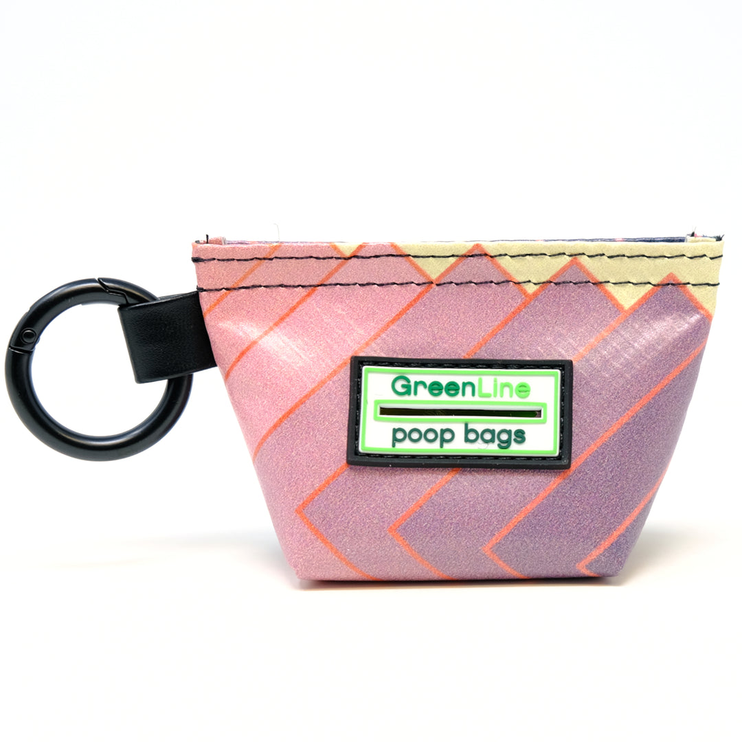 Front view of a GreenLine Banner Bag, which is a poop bag pouch made of upcycled festival banners.