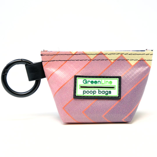 Front view of a GreenLine Banner Bag, which is a poop bag pouch made of upcycled festival banners.