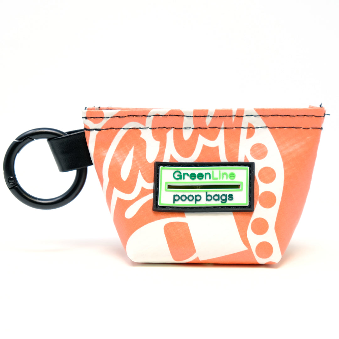 Front view of a GreenLine Banner Bag, which is a poop bag pouch made of upcycled festival banners.