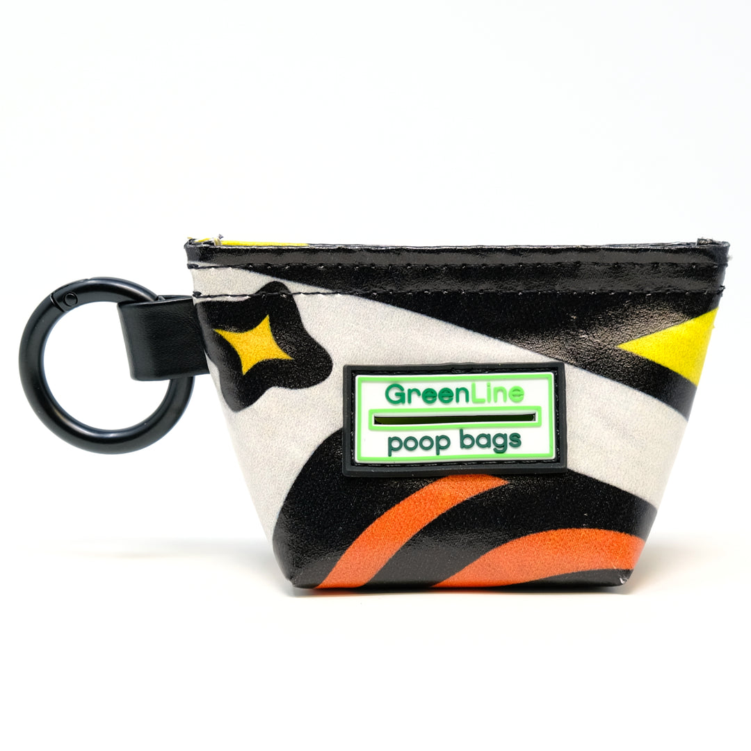 Front view of a GreenLine Banner Bag, which is a poop bag pouch made of upcycled festival banners.