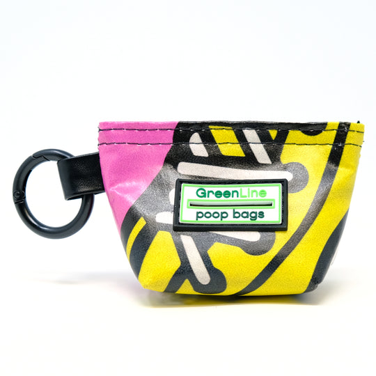 Front view of a GreenLine Banner Bag, which is a poop bag pouch made of upcycled festival banners.