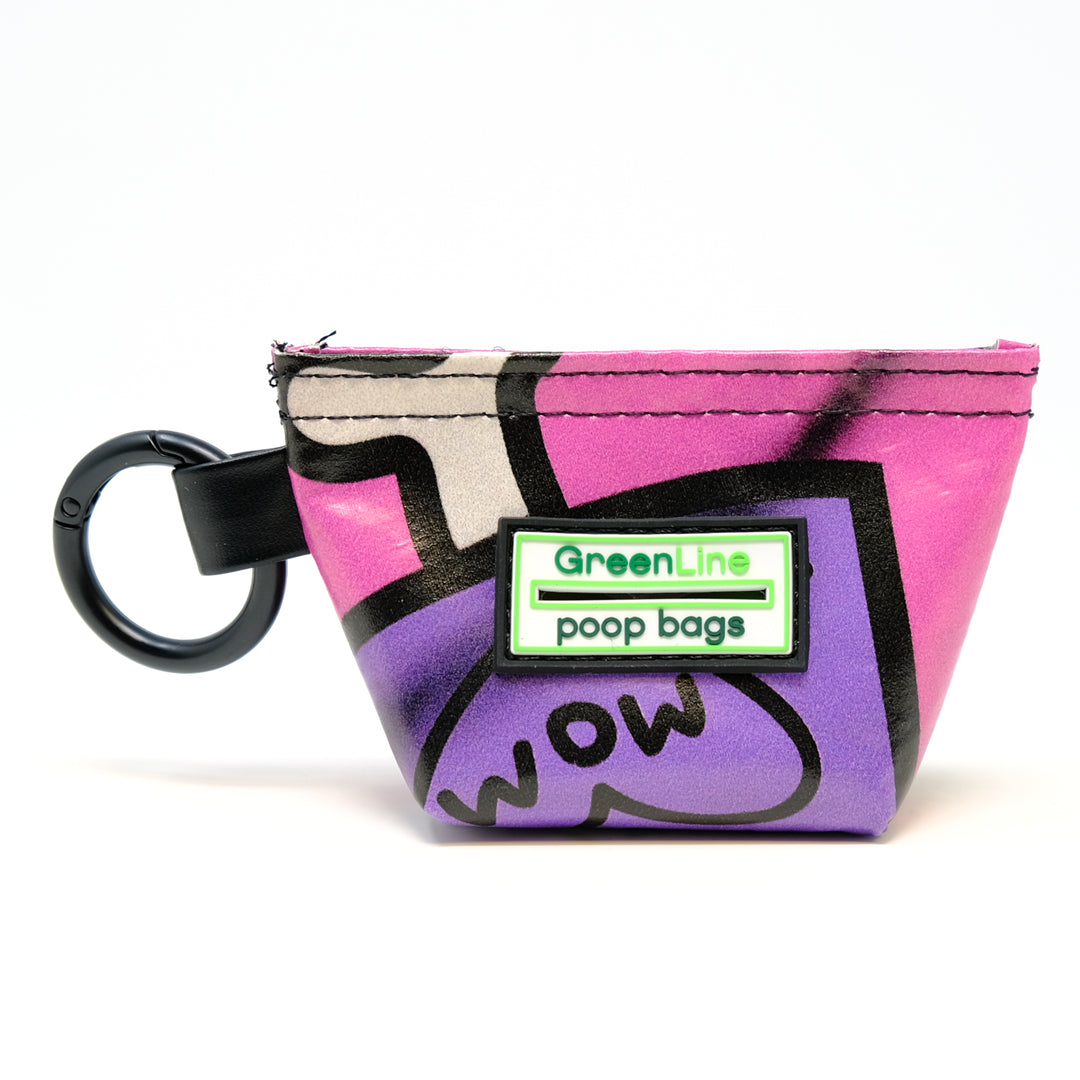 Front view of a GreenLine Banner Bag, which is a poop bag pouch made of upcycled festival banners.