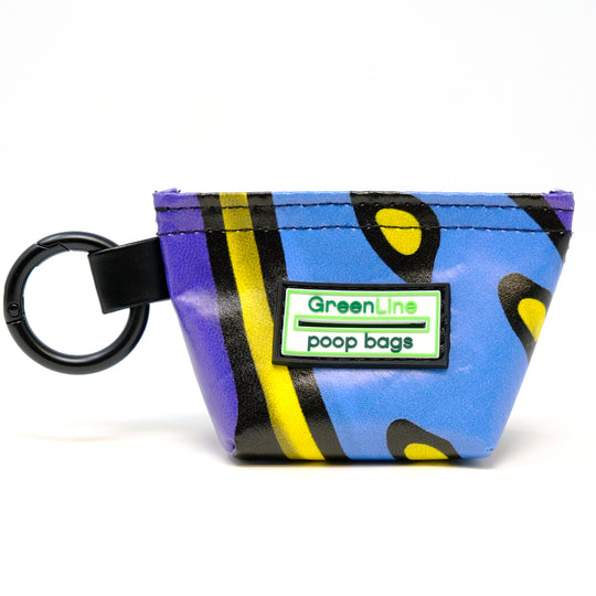 Front view of a GreenLine Banner Bag, which is a poop bag pouch made of upcycled festival banners.