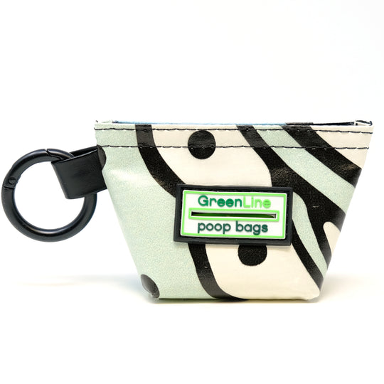 Front view of a GreenLine Banner Bag, which is a poop bag pouch made of upcycled festival banners.