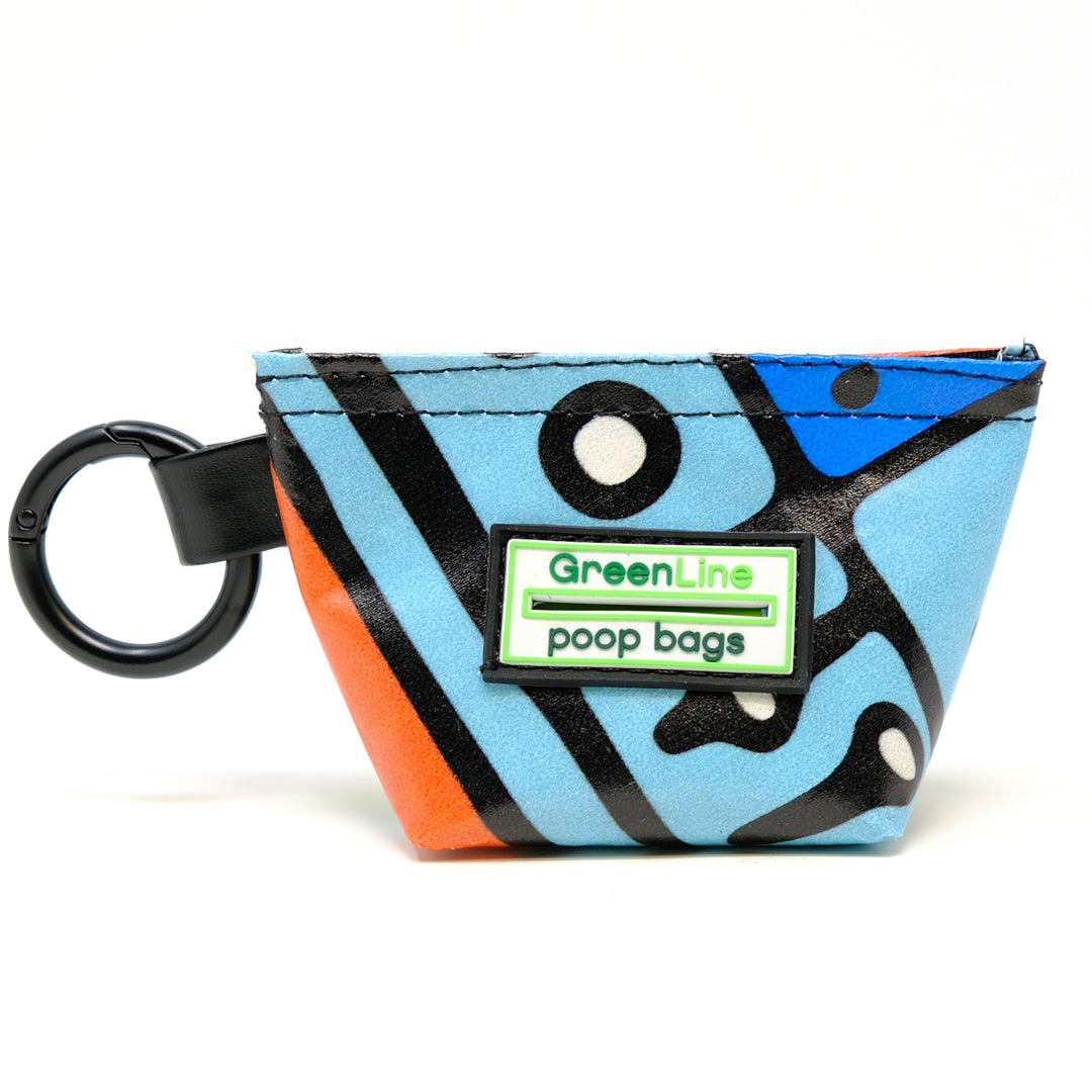 Front view of a GreenLine Banner Bag, which is a poop bag pouch made of upcycled festival banners.