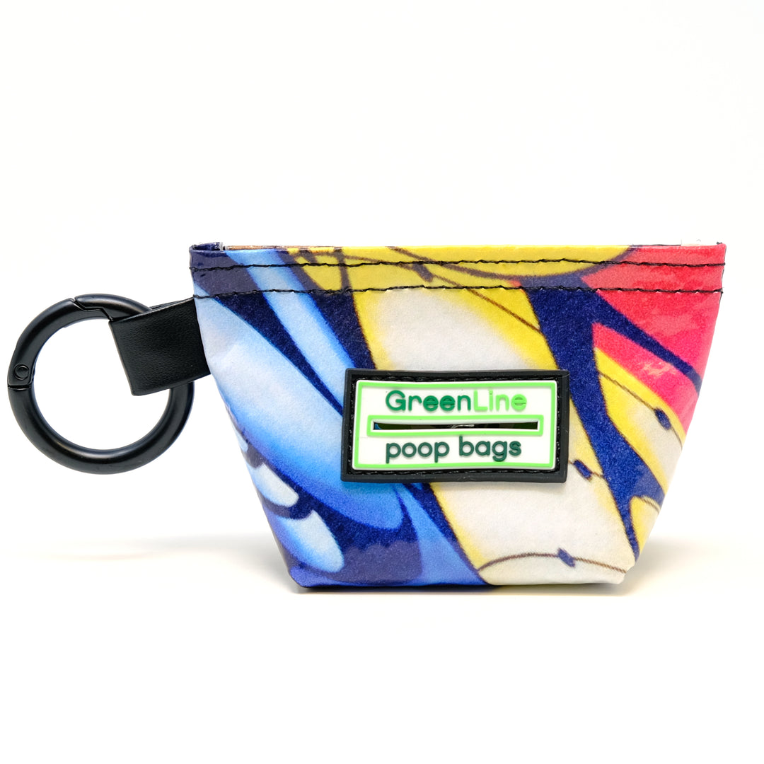 Front view of a GreenLine Banner Bag, which is a poop bag pouch made of upcycled festival banners.