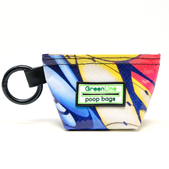 Front view of a GreenLine Banner Bag, which is a poop bag pouch made of upcycled festival banners.