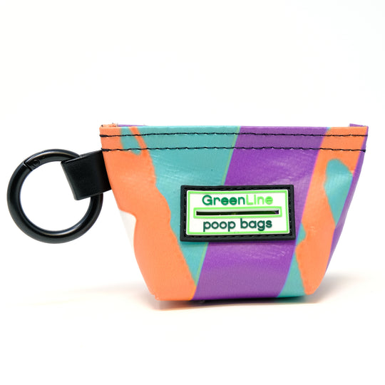 Front view of a GreenLine Banner Bag, which is a poop bag pouch made of upcycled festival banners.