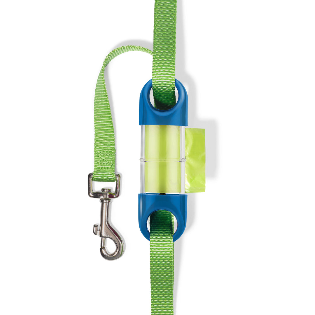 Blue LOOP poop bag holder on green leash#color_blue
