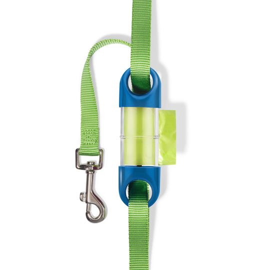 Blue LOOP poop bag holder on green leash#color_blue