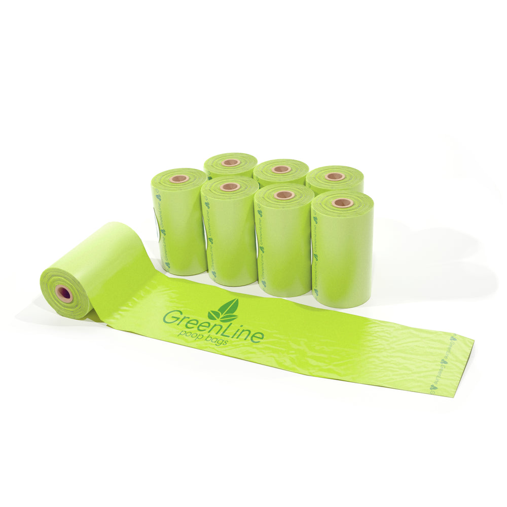 Eight GreenLine Poop Bags on a White Background