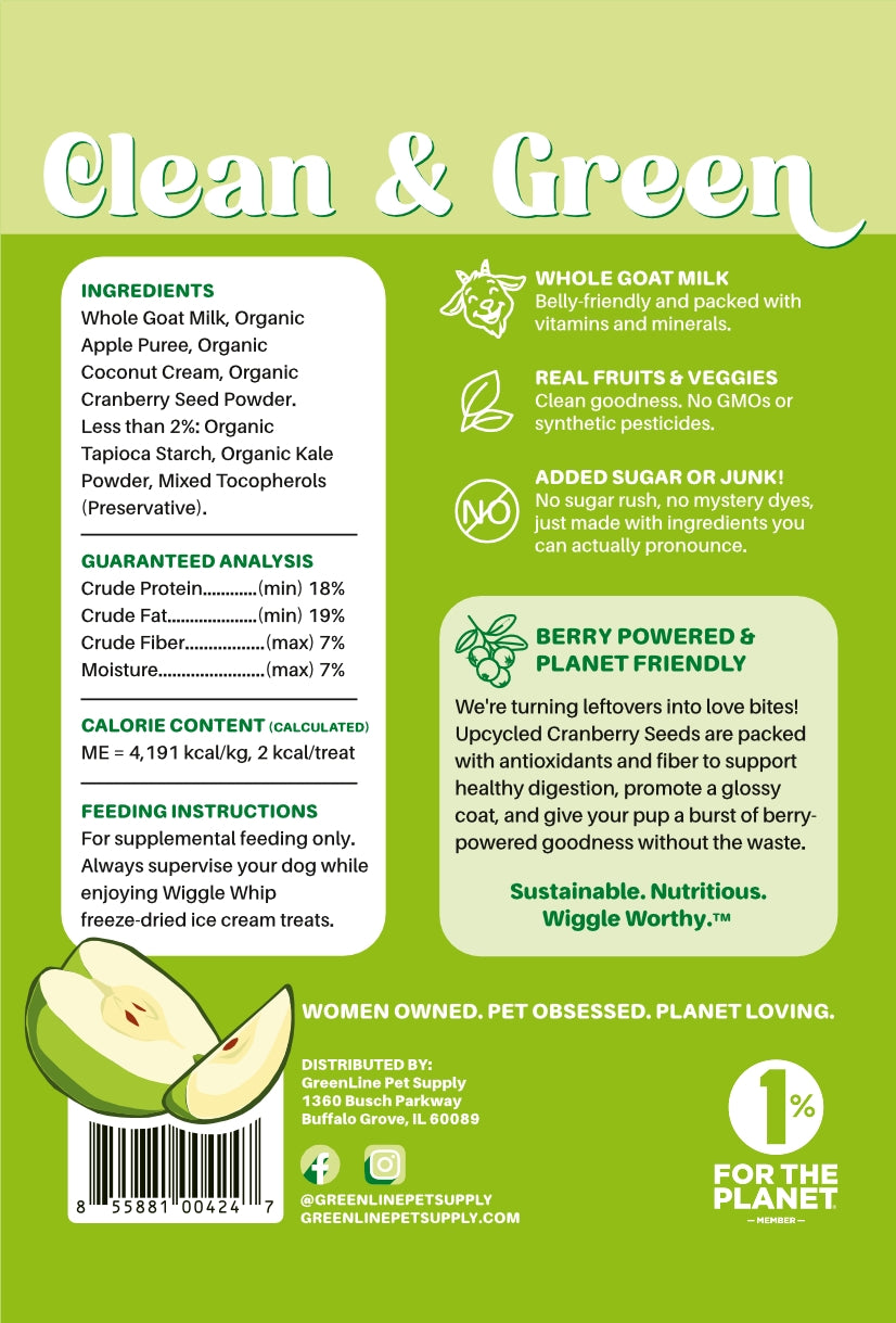 Back of a Wiggle Whip package with text and graphics on a green background