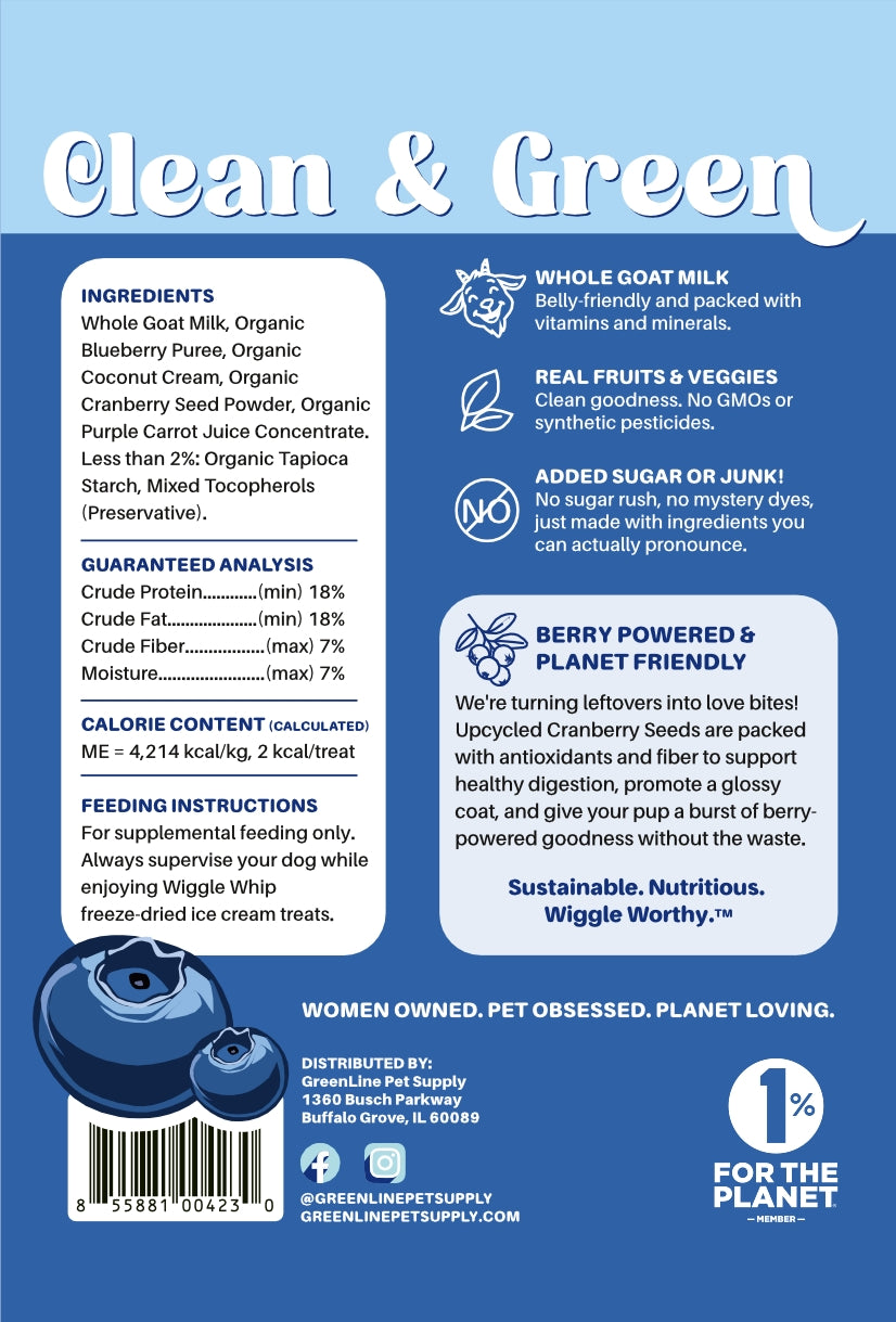Back of  Wiggle Whip product packaging with 'Clean & Green' branding and ingredient list on a blue background.