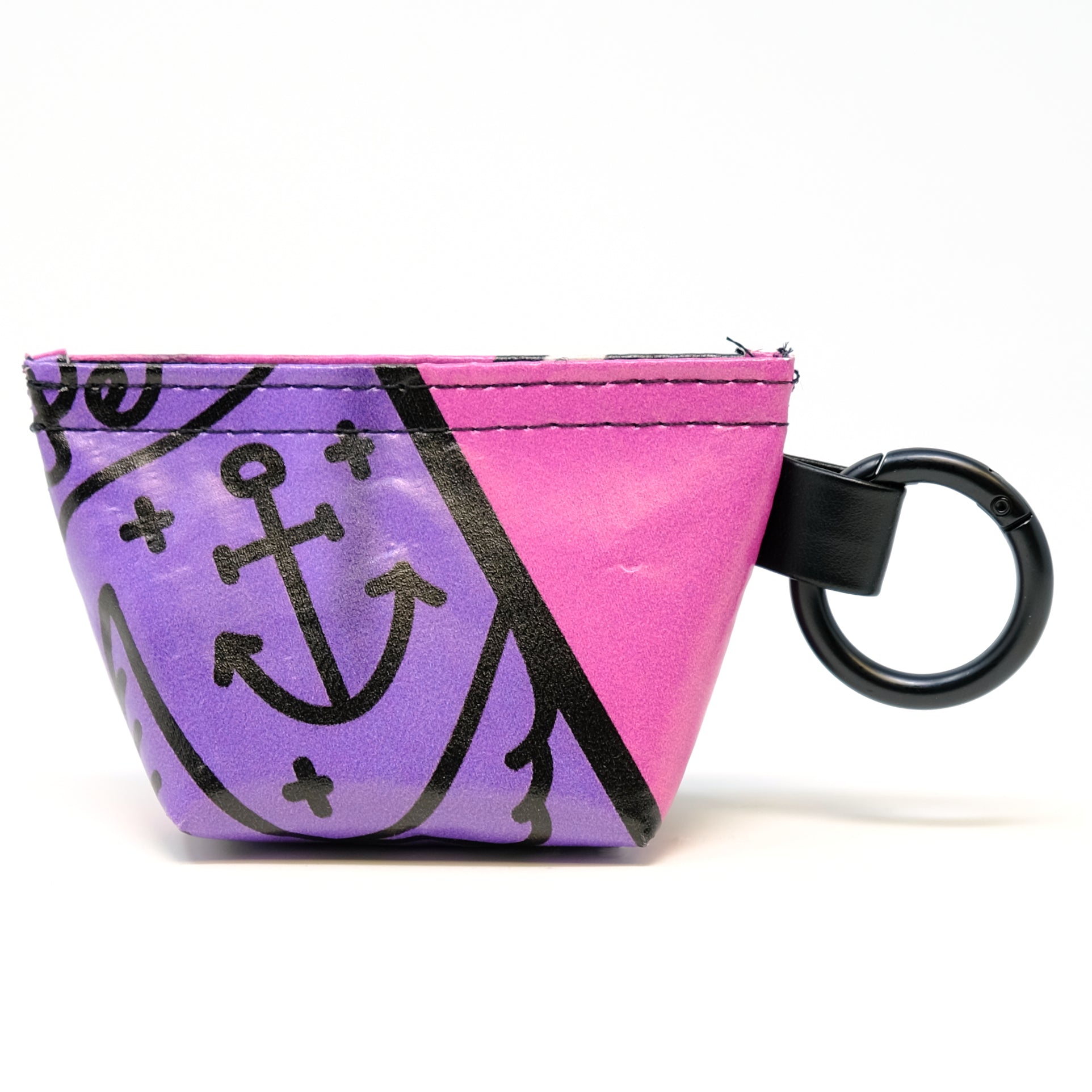 Rear view of a GreenLine Banner Bag, which is a poop bag pouch made of upcycled festival banners. 