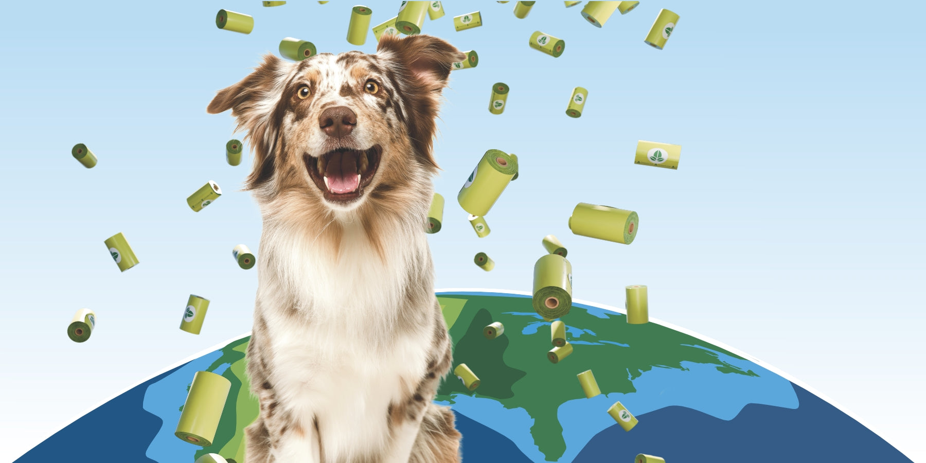 Australian Sheppard with cascading landfill biodegradable GreenLine Poop Bags.