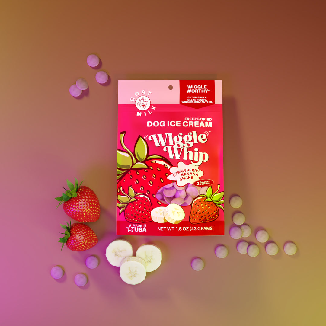 Wiggle Whip dog ice cream packaging with strawberries and bananas on a gradient background