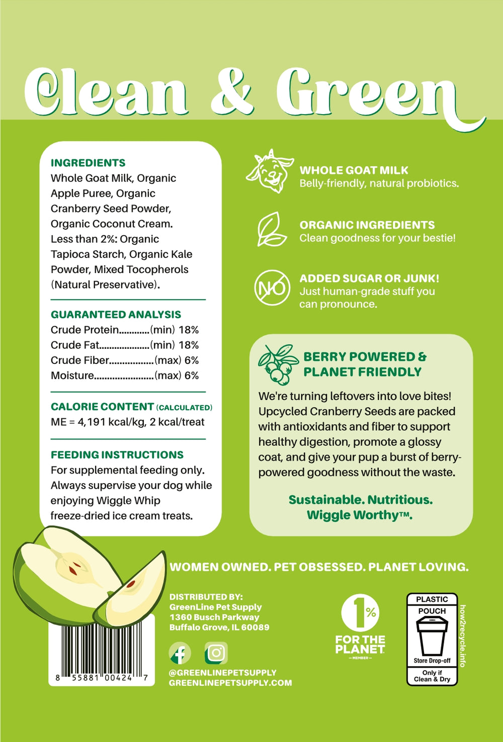 Back of Waggin' Apple Wiggle Whip freeze-dried ice cream treat packaging with 'Clean & Green' with text and graphics on a green background