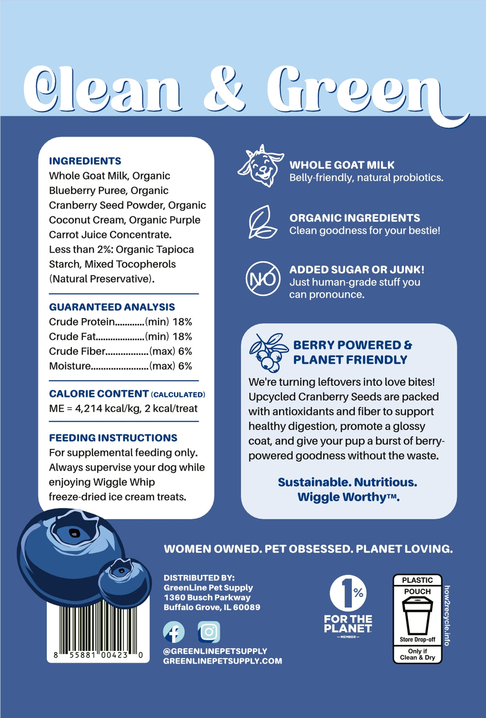 Back of Barkin' Blueberry Wiggle Whip freeze-dried ice cream treat packaging with 'Clean & Green' and nutritional information on a blue background.
