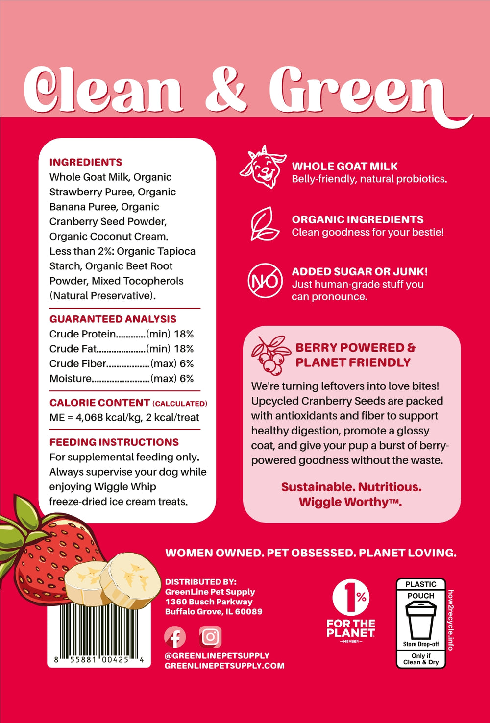 Back of Strawberry Banana Shake Wiggle Whip freeze-dried ice cream treat packaging with 'Clean & Green' branding on a pink background.