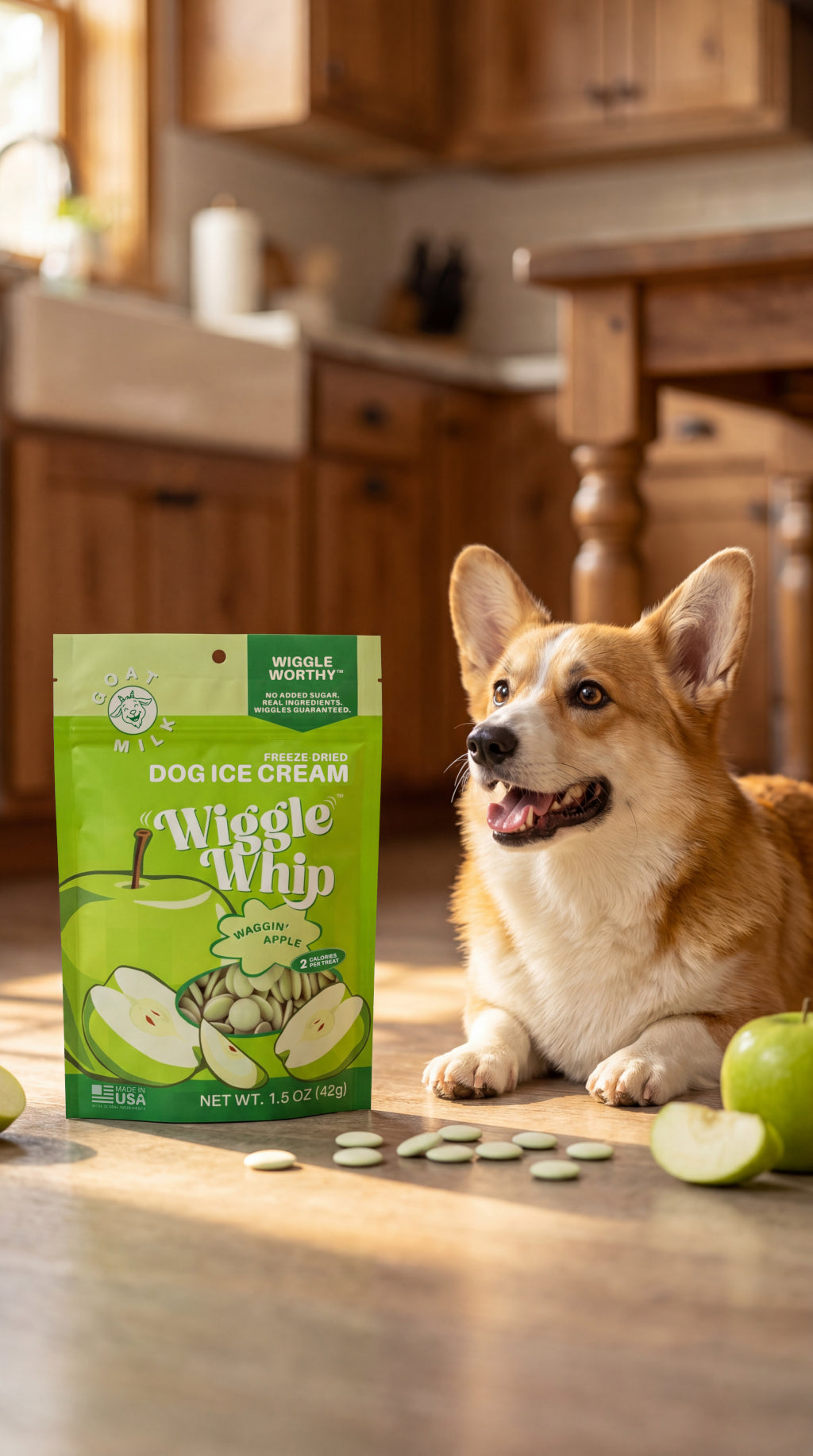 Dog sitting next to a package of Wiggle Whip Freeze-Dried dog ice cream in a kitchen.