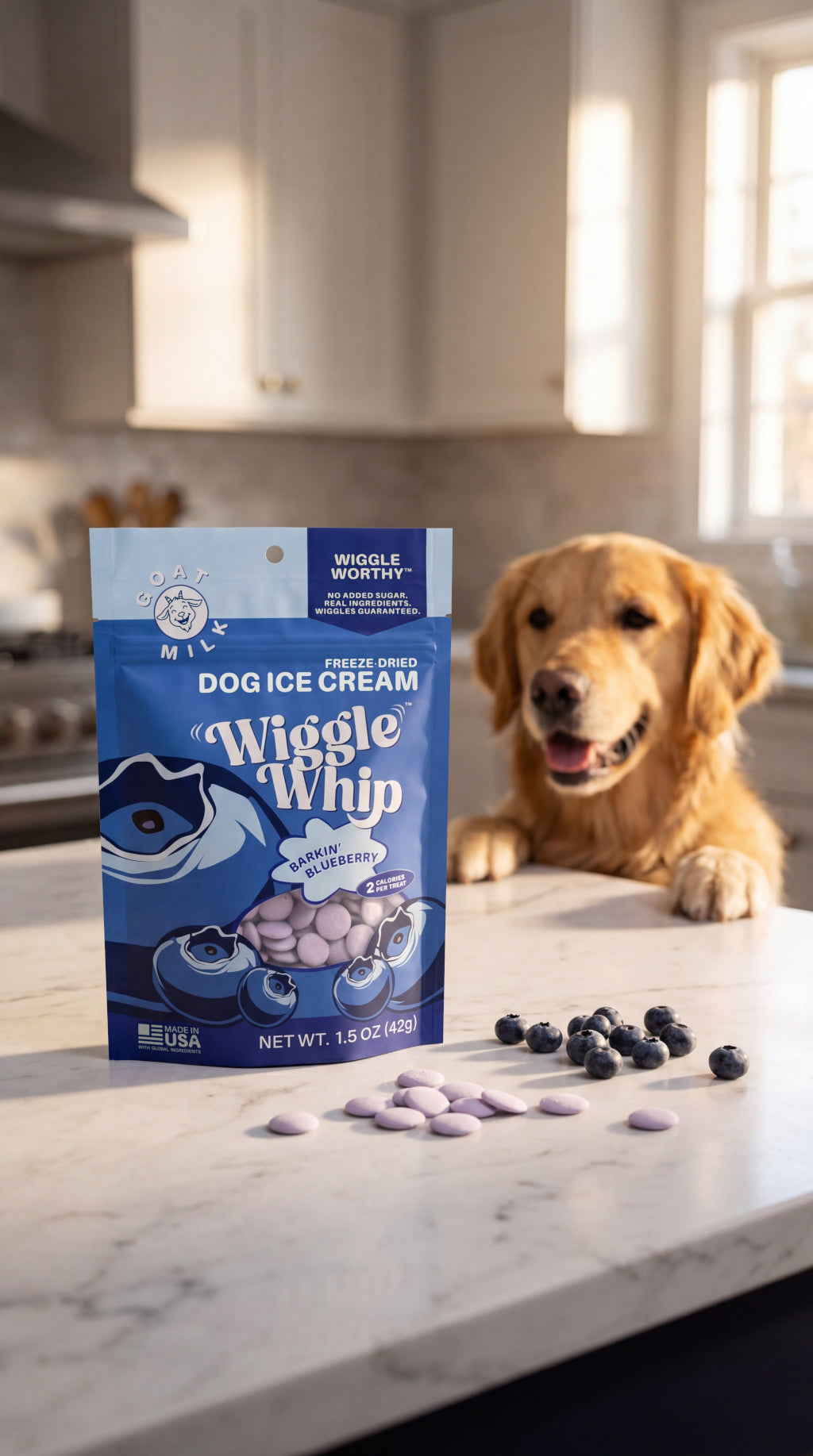 Wiggle Whip Freeze-Dried Dog ice cream package on a kitchen counter with a dog looking on