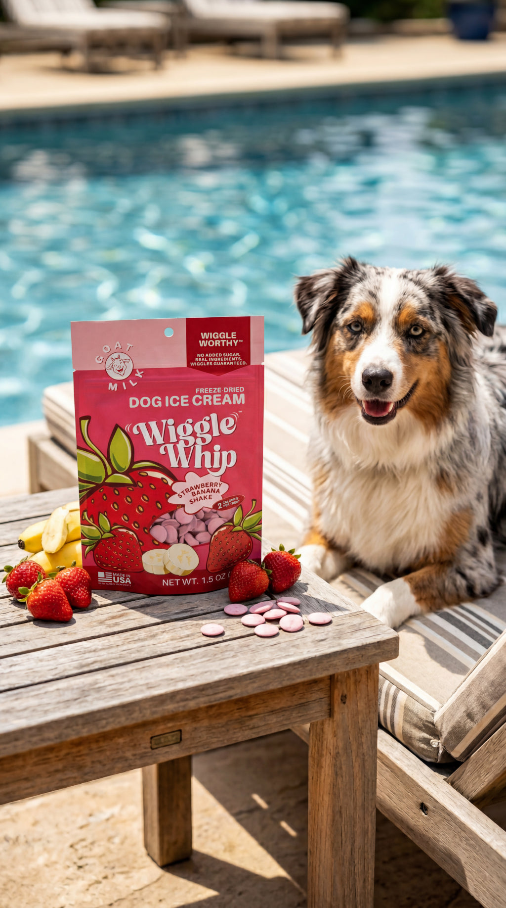 Wiggle Whip Freeze-Dried Dog ice cream package with strawberries and a dog by a pool