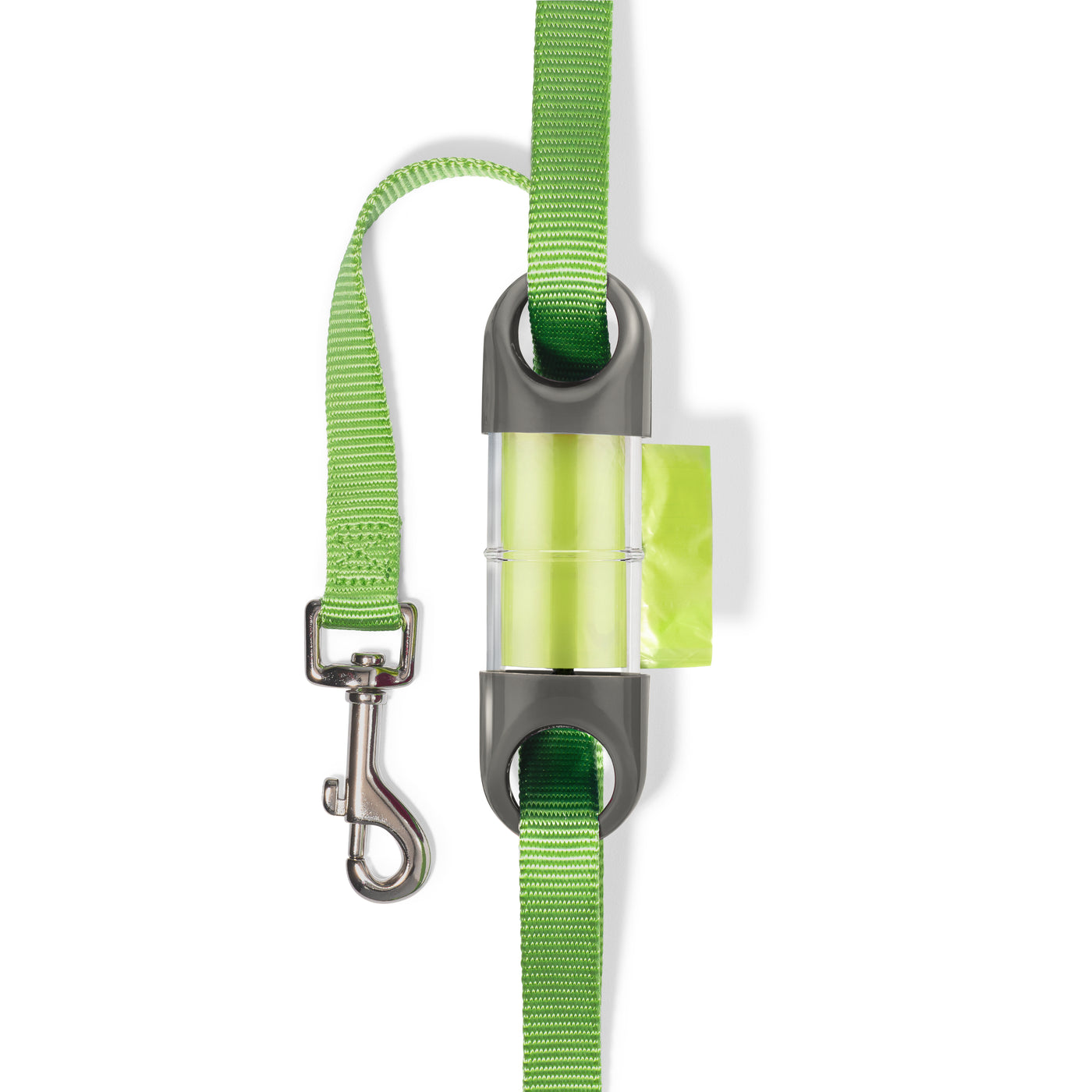 Gray LOOP poop bag holder on green leash#color_gray