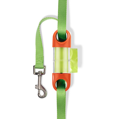 Orange LOOP poop bag holder on green leash#color_orange