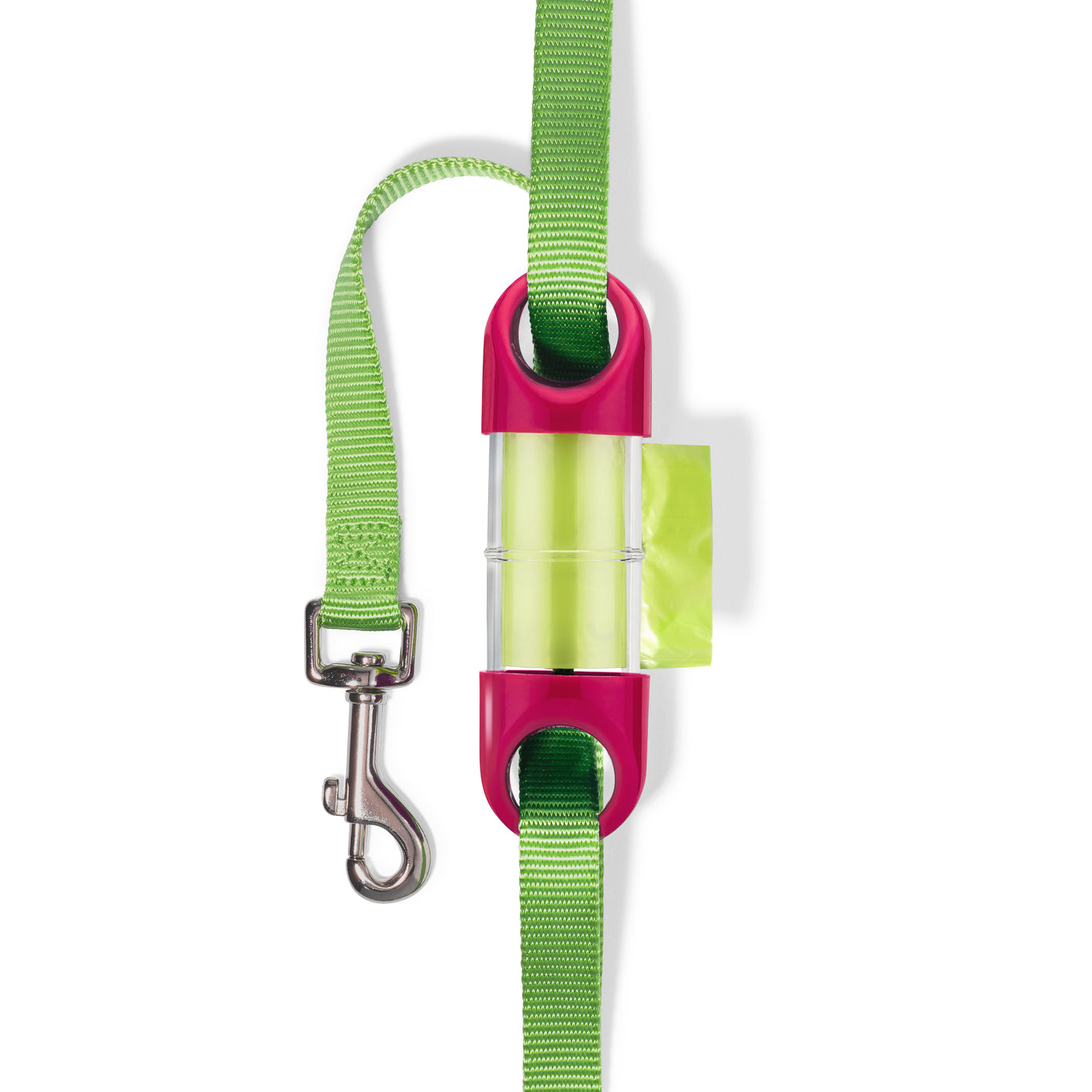 Pink LOOP poop bag holder on green leash#color_pink