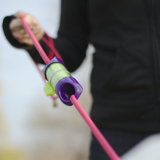 Purple LOOP poop bag holder on pink leash with walker's hand in background.#color_purple